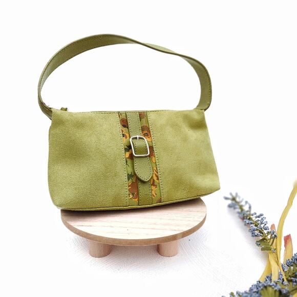 LIZ CLAIBORNE Lime Green Faux Suede Mini Shoulder Bag Vegan Preppy Bright - Picture 3 of 5